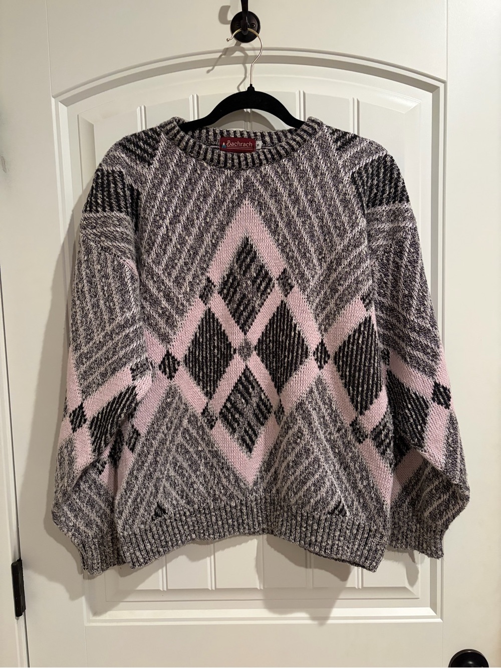 Vintage Bachrach Pink & Gray Argyle Crewneck Sweater